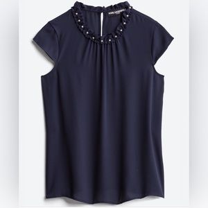 Karl Lagerfeld PARIS navy blue Davignon pearl neckline blouse